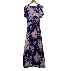 Lulus Wrap Maxi Dress Womens S Blue Floral Azalea Regalia Deep V Short Sleeve
